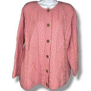 Connemara Pink Virgin Wool Cable Knit Cardigan Irish Cottagecore Vintage